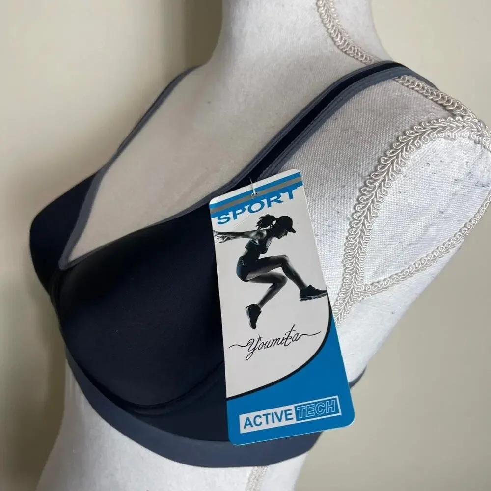 SIZE 32B Youmita Athletic Sports Bra PADDED Wireless Keyhole Racerback BLACK-GRY